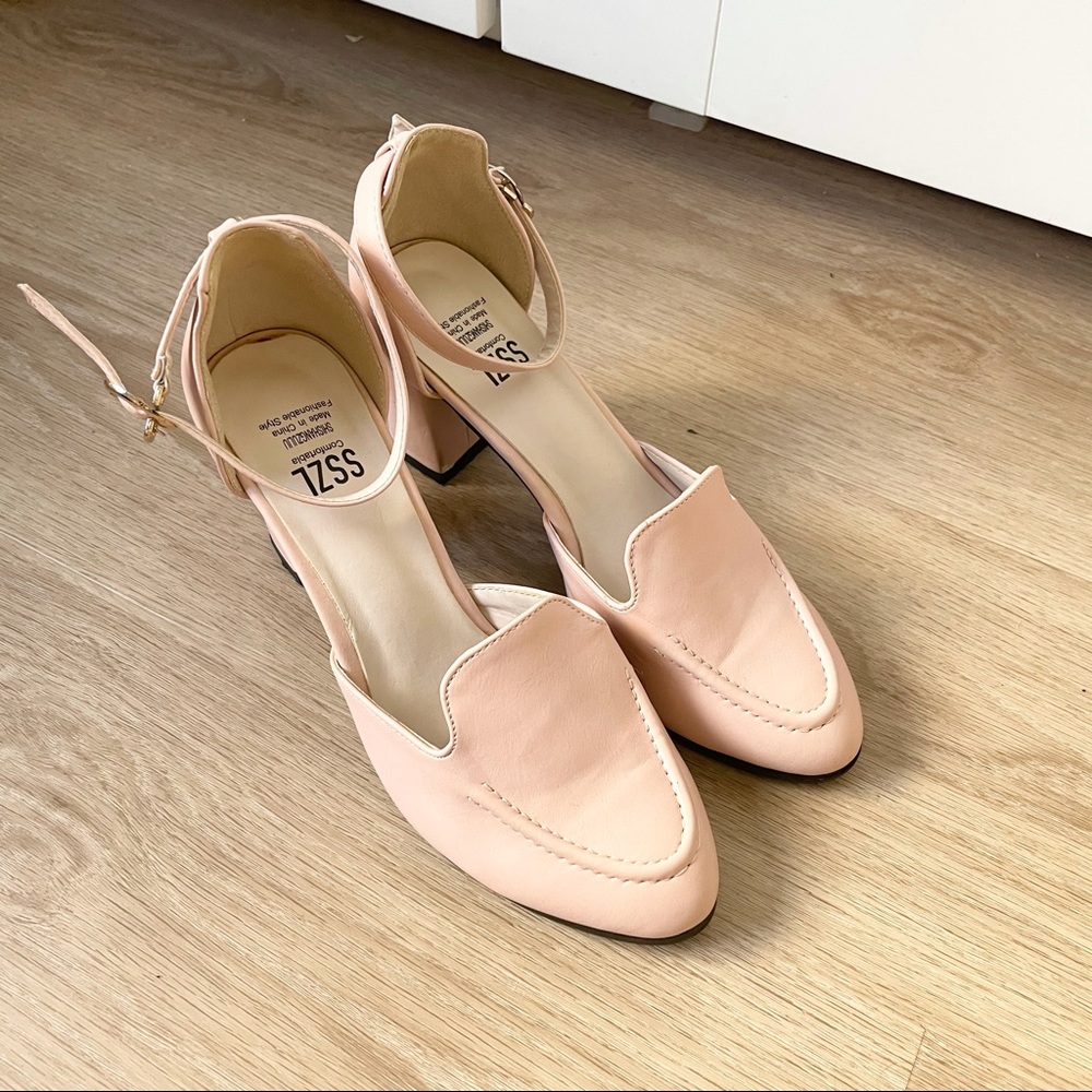 Pastel Pink Loafer Style Block Heels Pumps